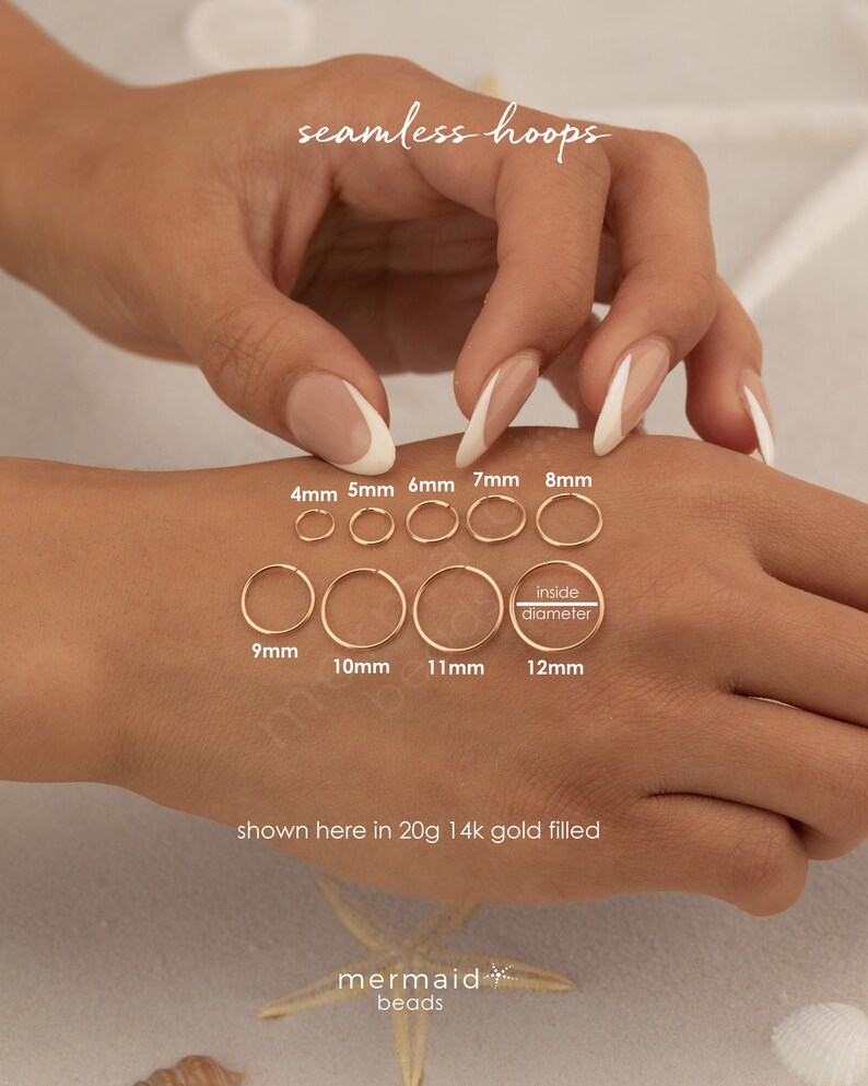 May include: Gold seamless hoop earrings in various sizes from 4mm to 12mm. The text on the image reads: 'seamless hoops', 'inside diameter', 'shown here in 20g 14k gold filled', 'mermaid beads'.