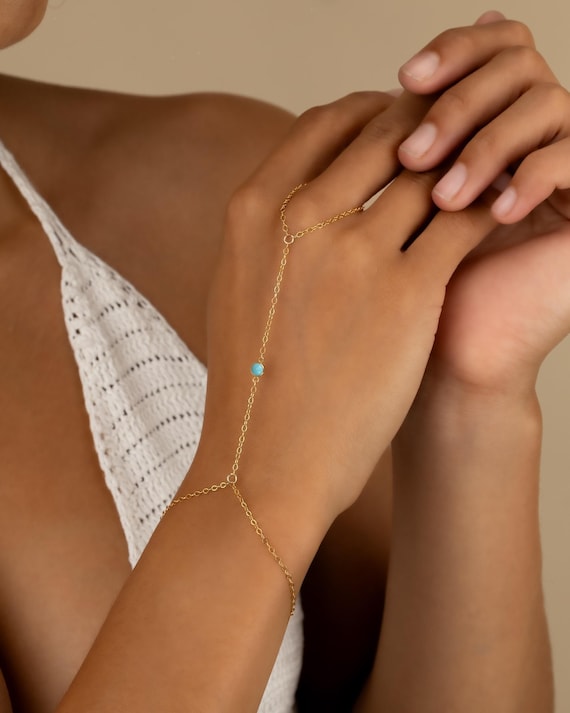 14K GOLD FILLED TURQUOISE hand chain • simple dainty ring bracelet • water and tarnish resistant