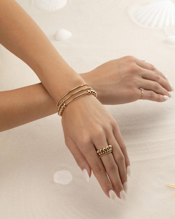 14k GOLD FILLED BAR beaded bracelet • stackable stretch • waterproof • tarnish-free