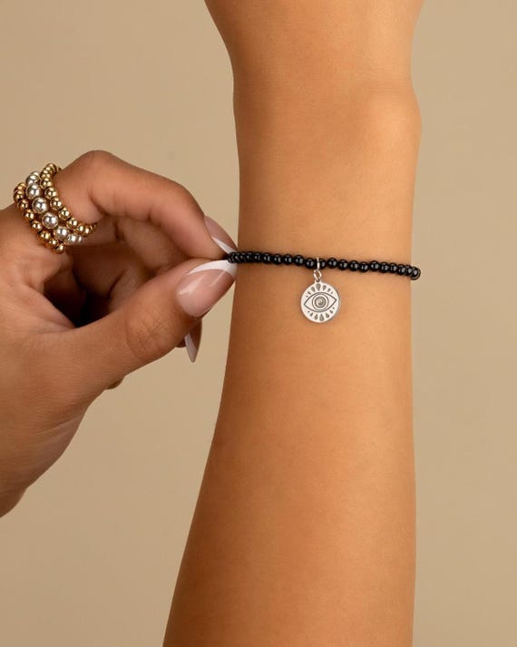 ONYX CHARM BRACELET • personalized charm jewelry • stretch beaded bracelet • genuine black gemstone • water resistant • whimsigoth