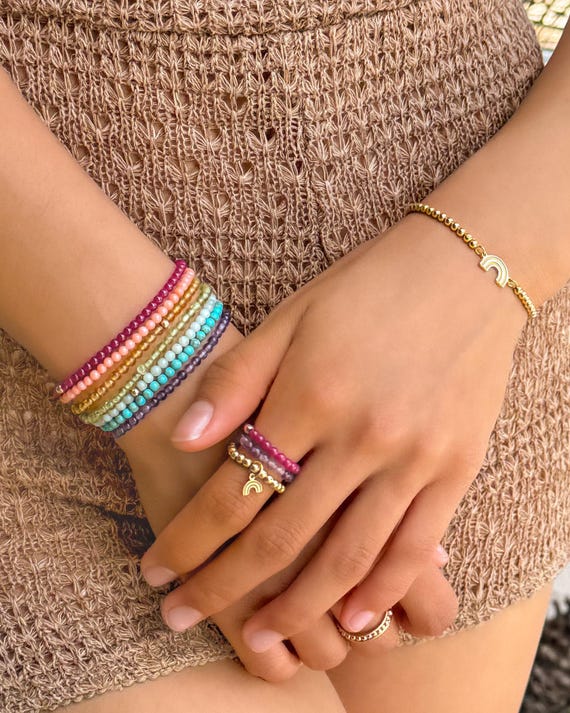 RAINBOW CHARM BEADED ring • dainty friendship ring for her • rainbow dangle charm • stackable stretch water resistant adjustable • RIBP3MCAE