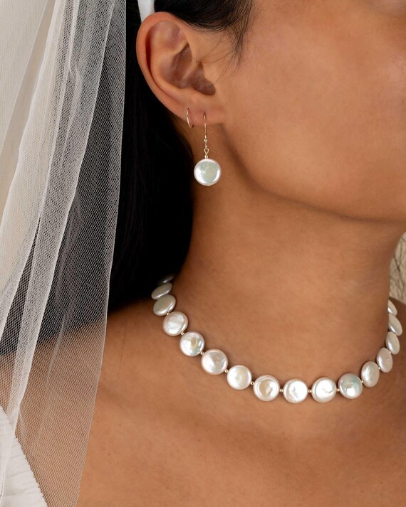 COIN PEARL NECKLACE • June birthstone • Gemini Cancer • perfect gift for her • wedding jewelry • stackable stretch water resistant • NEBS2AY