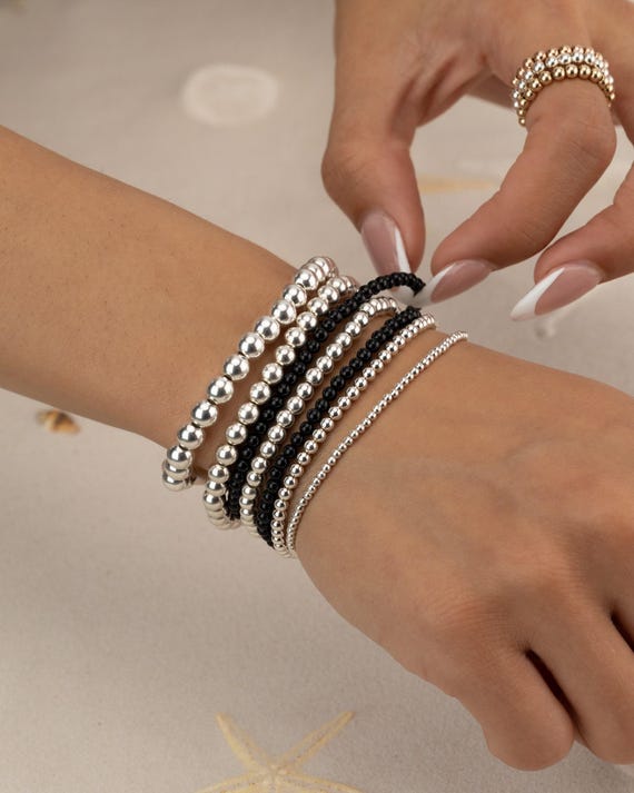 BLACK ONYX BRACELET set • beaded bracelet stack • perfect gift for her • genuine healing beads • stackable stretch water resistant • BRBP2AP