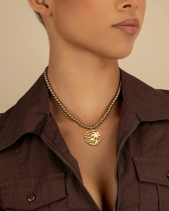 GOLD BEADED CHARM necklace • beach lover • statement pendant • water resistant • palm tree ocean wave • anniversary gift