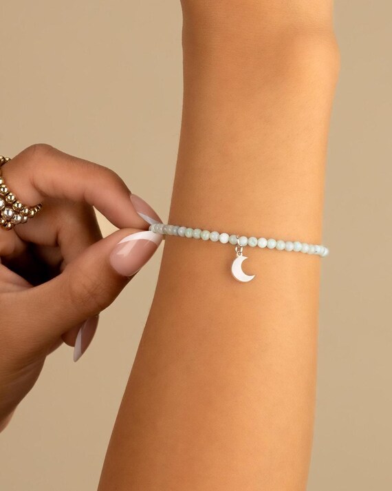 AMAZONITE CHARM BRACELET • personalized charm • healing stone gift • blue green gemstone dainty bracelet stretch water resistant BRBS3CHAIp