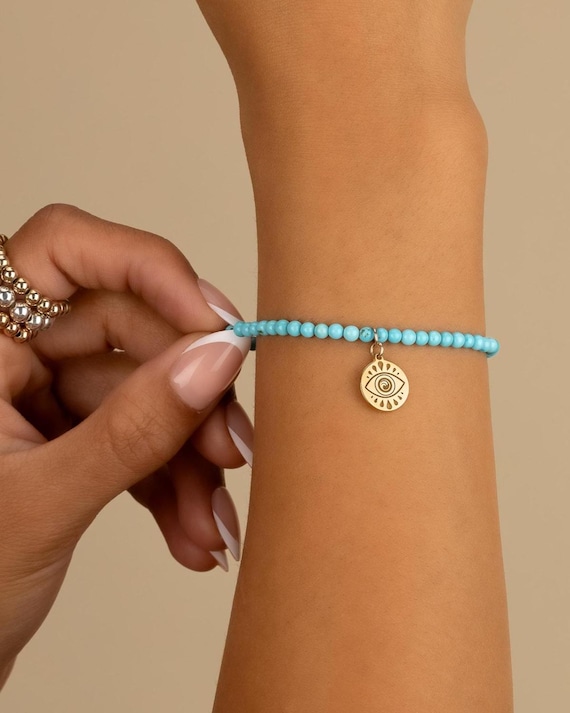 TURQUOISE CHARM BRACELET • personalized charm • December birthstone • Sagittarius Capricorn gift • stretch bracelet • water resistant