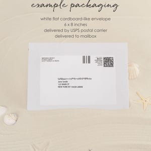 The image is a white flat cardboard-like envelope with a 6 x 8 inches delivery size, which is being sent by USPS postal carrier to a mailbox.