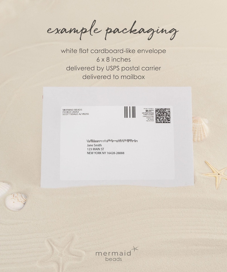 The image is a white flat cardboard-like envelope with a 6 x 8 inches delivery size, which is being sent by USPS postal carrier to a mailbox.