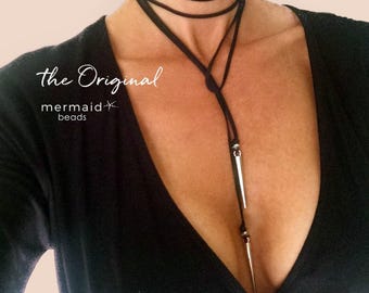 BLACK LEATHER CHOKER necklace | coastal cowgirl western jewelry | spike boho lariat y necklace | vegan leather | adjustable wrap | NELE2AD