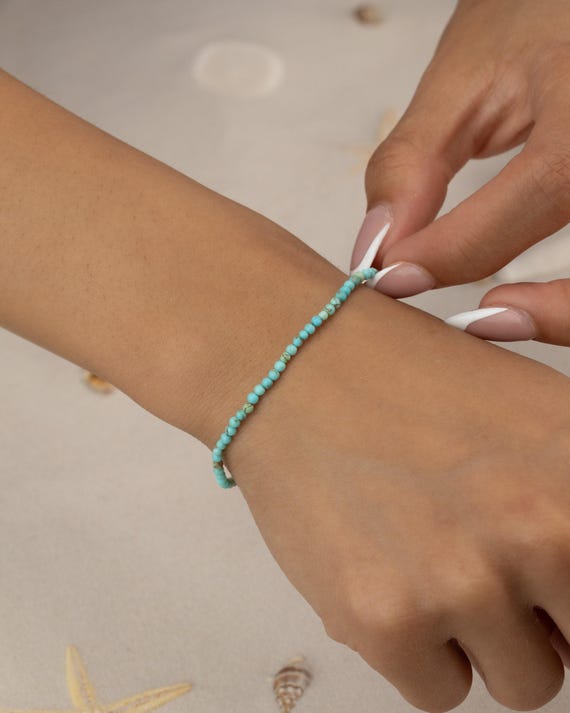 TINY TURQUOISE BRACELET 2MM • December birthstone • Sagittarius Capricorn • dainty bracelet gift stackable stretch water resistant • BRBS2AS