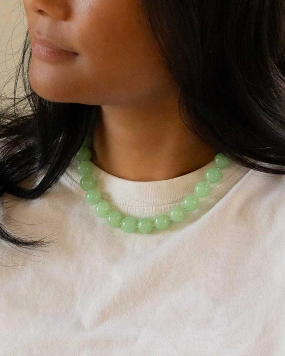 CHUNKY BEAD NECKLACE • genuine green jade gemstone • mint green big beaded choker • water-resistant • statement jewelry
