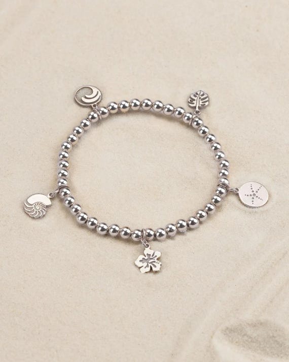 BEACH CHARM bracelet • 5 charm beach bracelet • hibiscus ocean wave starfish seashell monstera • Hawaiian jewelry • stretch water resistant
