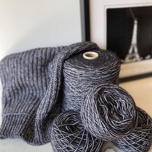 Puede incluir: Una colección de hilo gris y blanco, que incluye una bobina grande y varias bolas más pequeñas. Una manga gris tejida está drapeada sobre el hilo. Una foto en blanco y negro enmarcada de la Torre Eiffel está en el fondo.