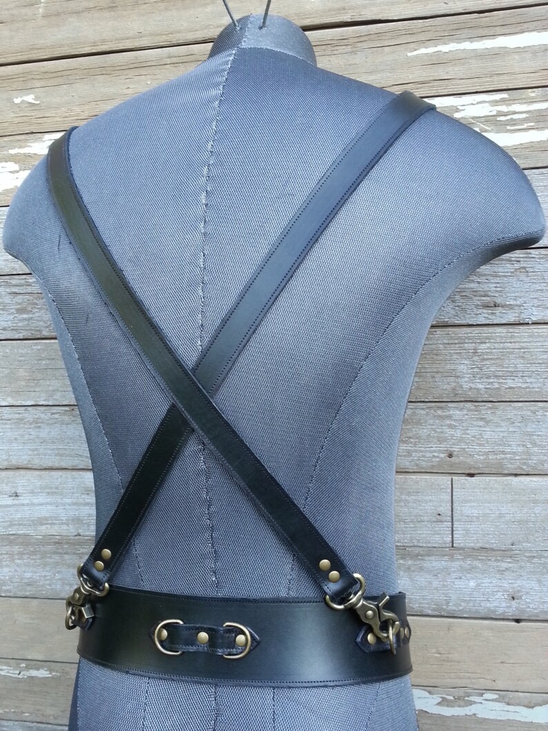 Steampunk Black Leather Suspender Harness w Antique Brass Hardware