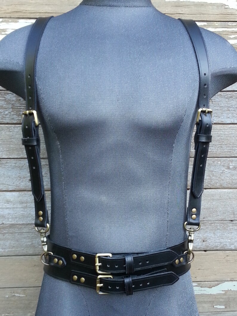 Steampunk Black Leather Suspender Harness w Antique Brass Hardware