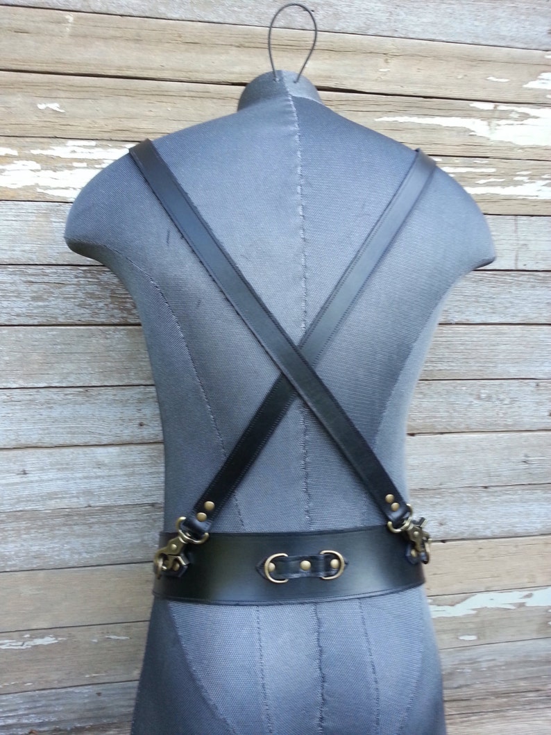 Steampunk Black Leather Suspender Harness w Antique Brass Hardware