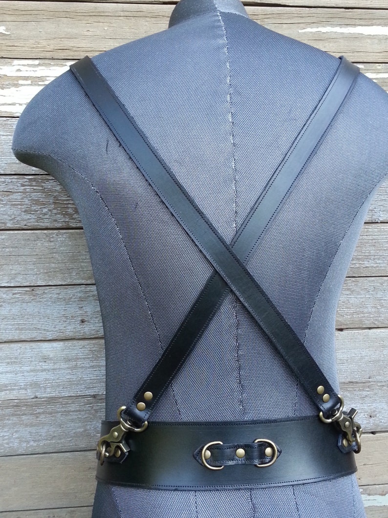 Steampunk Black Leather Suspender Harness w Antique Brass Hardware