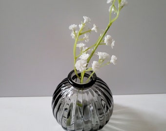 Smokey Grey Ribbed Glass Round Bottle Vase