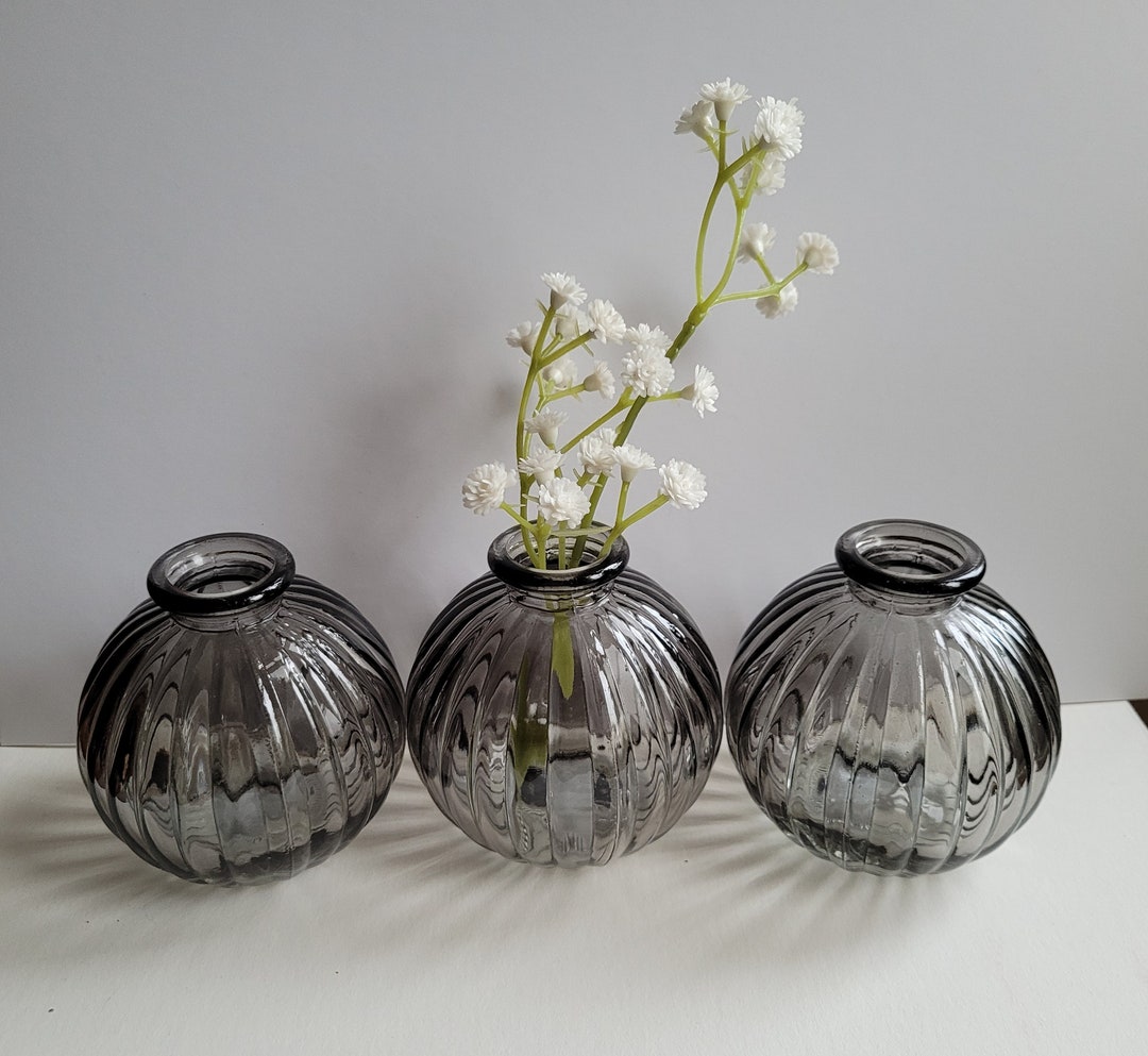 Set of 3 Ribbed Round Glass Bottle Vase - Etsy