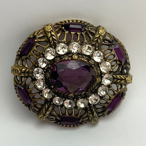 Art Deco Style Brooch by Joseff of Hollywood // Brooch / Pin / Gold / Rhinestones / Gift Idea / Jewelry / Flower / Floral / Purple //