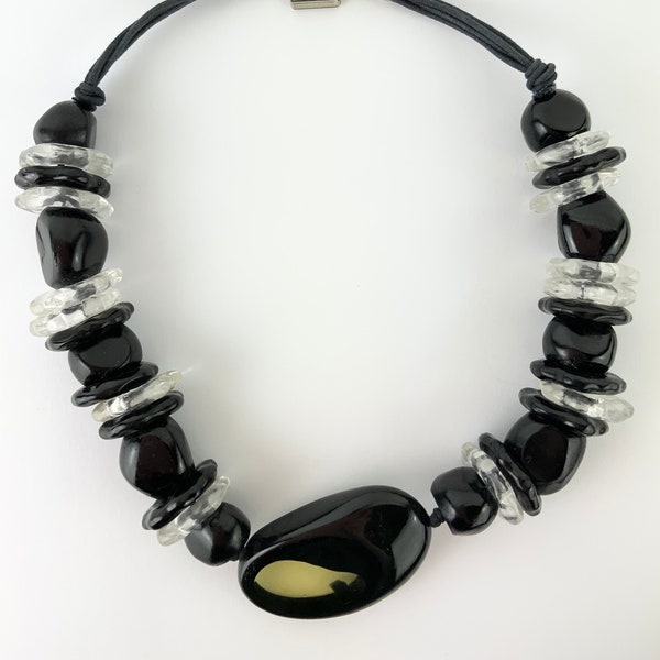 Vintage Ugo Correani Italian Necklace // Designer / Gift Idea / Jewelry / Floral / Black / Clear / Chunky / Flower / Beads / Beaded / Rare /