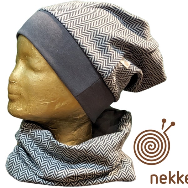 Organic, beanie hat, loop shell "herringbone" gray, jacquard made of certified. Organic cotton, individually and as a set