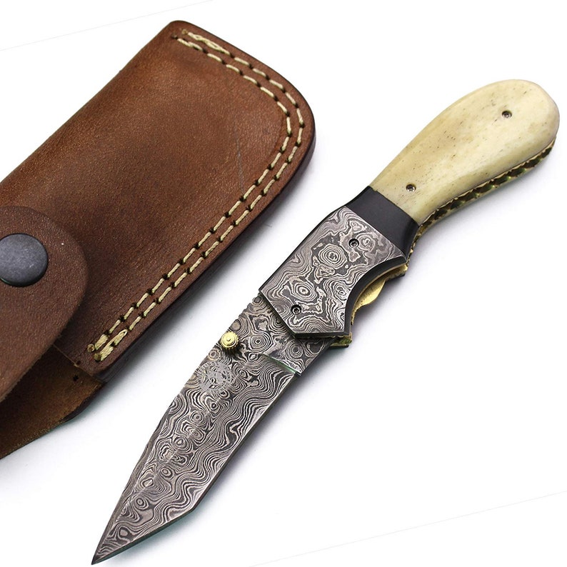 WolfKlinge Wolf-08 Handmade Damascus Steel Folding Pocket Knife, Sheep Horn Handle, with Cowhide Leather Sheath