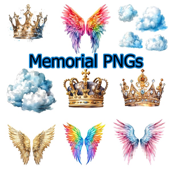 Memorial angel wings png, rainbow angel wings png, crown png bundle, gold angel wings png, watercolor clouds png bundle, png template