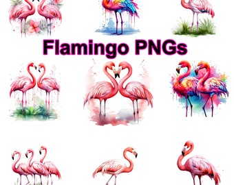 Pakiet clipartów PNG z akwarelowym różowym flamingiem, ilustracja tropikalna (pobranie cyfrowe)