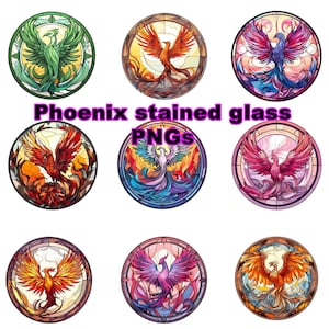 Gebrandschilderd glas Phoenix Firebird stijgende clip art transparante achtergrond ronde glas-in-lood grafische aquarel roze blauw Phoenix PNG bundel