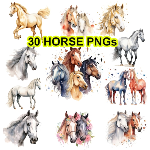 Cheval clip art PNG bundle, aquarelle miniature cheval PNG photoshop superposition, ferme animaux clipart, sublimation cheval, cheval png bundle