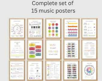 May include: A set of 15 printable music theory posters with colorful illustrations and text. The posters cover topics such as common tempos, staff basics, music theory, rhythm and counting, notes and rests, note values, primary music eras, music notes mnemonics, music intervals, how to read classical music titles, elements of music, dynamics, basic piano chords, and the circle of fifths.