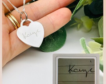 Solid silver engraved heart pendant personalised with your handwriting, Christmas necklace for mum daughter, dad signature memory necklace