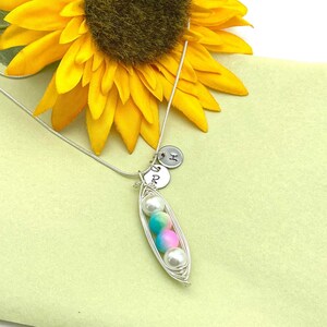 Puede incluir: Un collar de plata con un dije en forma de vaina de guisante con tres perlas blancas en su interior. La vaina de guisante est&aacute; hecha de alambre y tiene un dise&ntilde;o de arco&iacute;ris. El collar tambi&eacute;n tiene un peque&ntilde;o dije de plata con la letra "H" en &eacute;l.