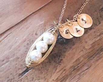 22ct. Gold pea pod necklace, Pea pod jewellery, Family pea pod, Two peas in a pod, Gold initial necklace, Mum necklace, Birthday necklace