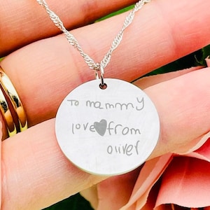 Child&#39;s handwriting necklace Gift for mum, Child&#39;s drawing necklace, Actual handwriting jewellery, Handwriting, Sterling silver, Keepsake