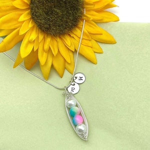 Puede incluir: Un collar de plata con un dije en forma de vaina de guisante con tres perlas de colores en su interior. El collar tambi&eacute;n tiene dos dijes de plata con las letras "R" y "H" en ellos.