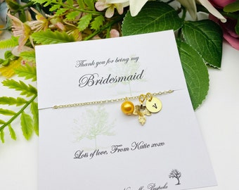 Gold bridesmaid bracelet, Gold leaf bracelet, Gold Initial bracelet, Bridesmaid gift, Personalised jewellery, Bridal party gift, bridesmaid