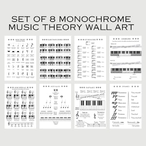 Music posters, 8 monochrome music theory posters, music room artwork, gift for young musicians, music theory posters classroom, digital