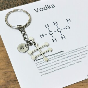 Puede incluir: Un llavero de plata con un dije en forma de estructura qu&iacute;mica. El dije est&aacute; unido a un anillo de llave de plata. El llavero viene acompa&ntilde;ado de una tarjeta blanca con la palabra "Vodka" y una f&oacute;rmula qu&iacute;mica para el etanol. La tarjeta tambi&eacute;n incluye 5 datos sobre el vodka.