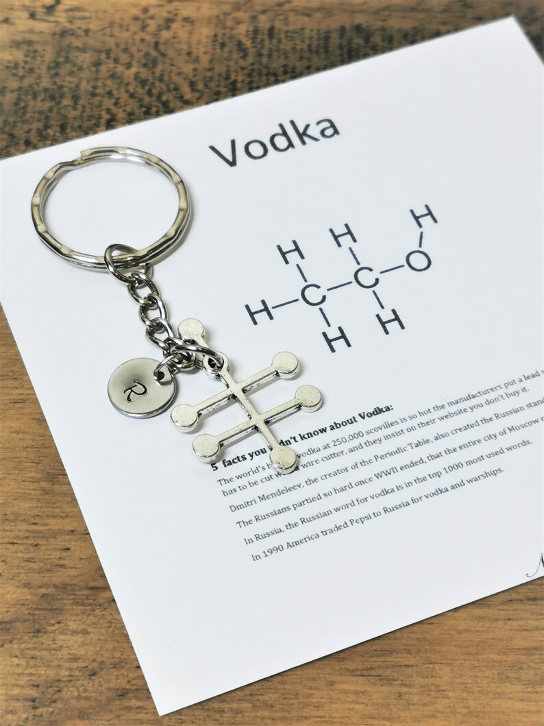 Puede incluir: Un llavero de plata con un dije en forma de estructura qu&iacute;mica. El dije est&aacute; unido a un anillo de llave de plata. El llavero viene acompa&ntilde;ado de una tarjeta blanca con la palabra "Vodka" y una f&oacute;rmula qu&iacute;mica para el etanol. La tarjeta tambi&eacute;n incluye 5 datos sobre el vodka.