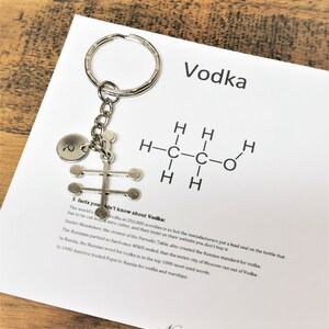 Puede incluir: Un llavero plateado con un dije en forma de estructura qu&iacute;mica de una mol&eacute;cula. El dije est&aacute; unido a un anillo plateado. El llavero est&aacute; sobre una tarjeta blanca con la palabra "Vodka" y 5 datos sobre el vodka impresos en ella. La tarjeta tambi&eacute;n tiene un peque&ntilde;o logotipo de &aacute;rbol con el texto "Naturally Bespoke".