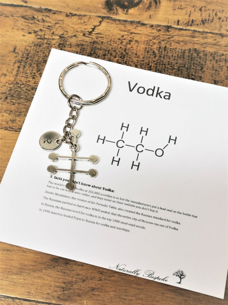 Puede incluir: Un llavero plateado con un dije en forma de estructura qu&iacute;mica de una mol&eacute;cula. El dije est&aacute; unido a un anillo plateado. El llavero est&aacute; sobre una tarjeta blanca con la palabra "Vodka" y 5 datos sobre el vodka impresos en ella. La tarjeta tambi&eacute;n tiene un peque&ntilde;o logotipo de &aacute;rbol con el texto "Naturally Bespoke".