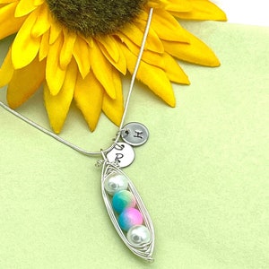Puede incluir: Un collar de plata con un dije en forma de vaina de guisante. El dije est&aacute; hecho de alambre y tiene cuatro perlas dentro. Dos de las perlas son blancas y dos son iridiscentes azul, rosa y verde. El collar tambi&eacute;n tiene un dije de plata con la letra "R" en &eacute;l.