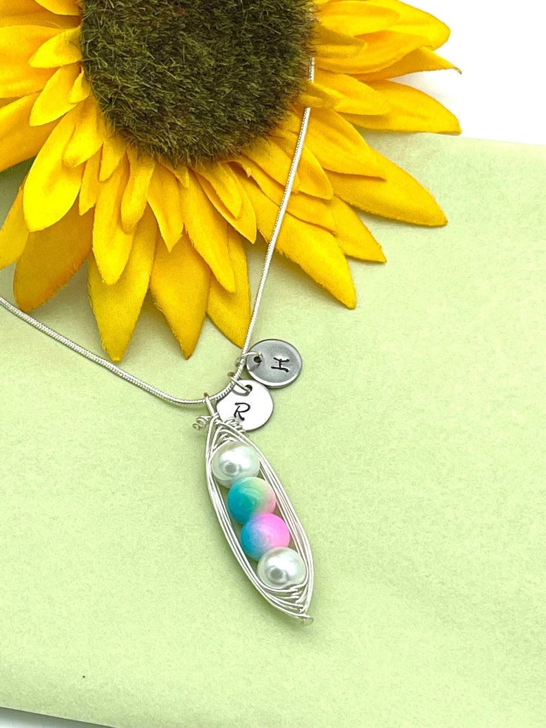Puede incluir: Un collar de plata con un dije en forma de vaina de guisante. El dije est&aacute; hecho de alambre y tiene cuatro perlas dentro. Dos de las perlas son blancas y dos son iridiscentes azul, rosa y verde. El collar tambi&eacute;n tiene un dije de plata con la letra "R" en &eacute;l.