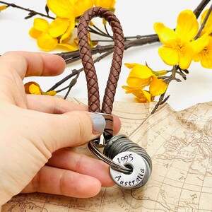 May include: A brown leather keychain with a braided strap and a silver charm with the text "1995 Australia".