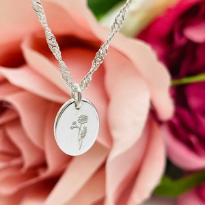 Any Flower, Sterling Silver Oval Birth Flower Personalised Necklace, Minimalist Birthstone Necklace, Minimalist Flower Pendant