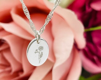 Any Flower, Sterling Silver Oval Birth Flower Personalised Necklace, Minimalist Birthstone Necklace, Minimalist Flower Pendant