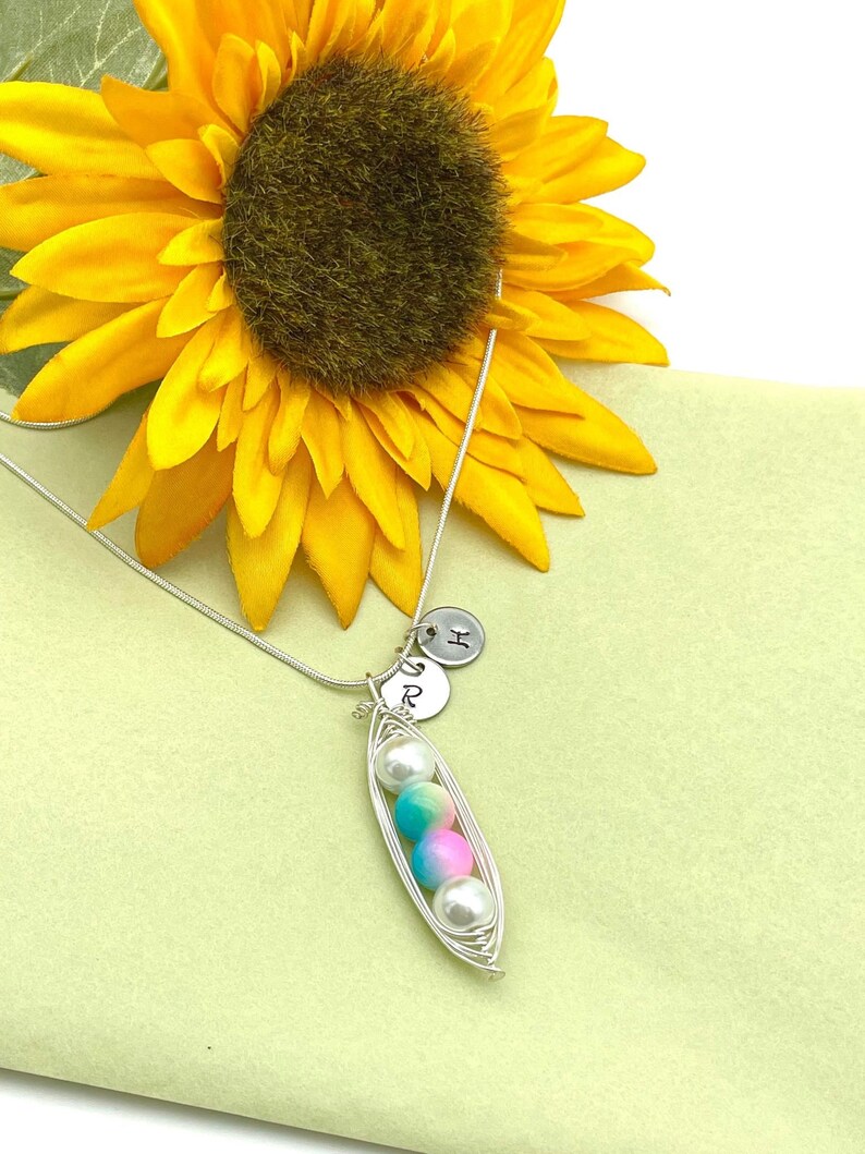 Puede incluir: Un collar de plata con un dije en forma de vaina de guisante con tres perlas blancas en su interior. La vaina de guisante est&aacute; hecha de alambre y tiene un dise&ntilde;o de arco&iacute;ris. El collar tambi&eacute;n tiene un peque&ntilde;o dije de plata con la letra "H" en &eacute;l.