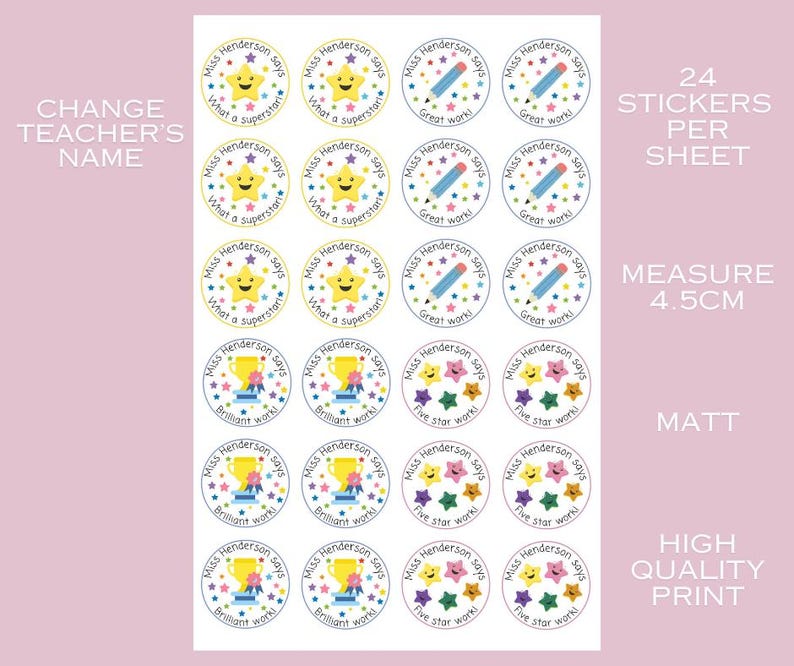 K&ouml;nnte beinhalten: Ein Bogen mit 24 runden Aufklebern, jeweils 4,5 cm im Durchmesser, mit verschiedenen Designs. Designs umfassen Sterne, Bleistifte und Troph&auml;en, mit Aufschriften wie "What a superstar!" und "Great work!"